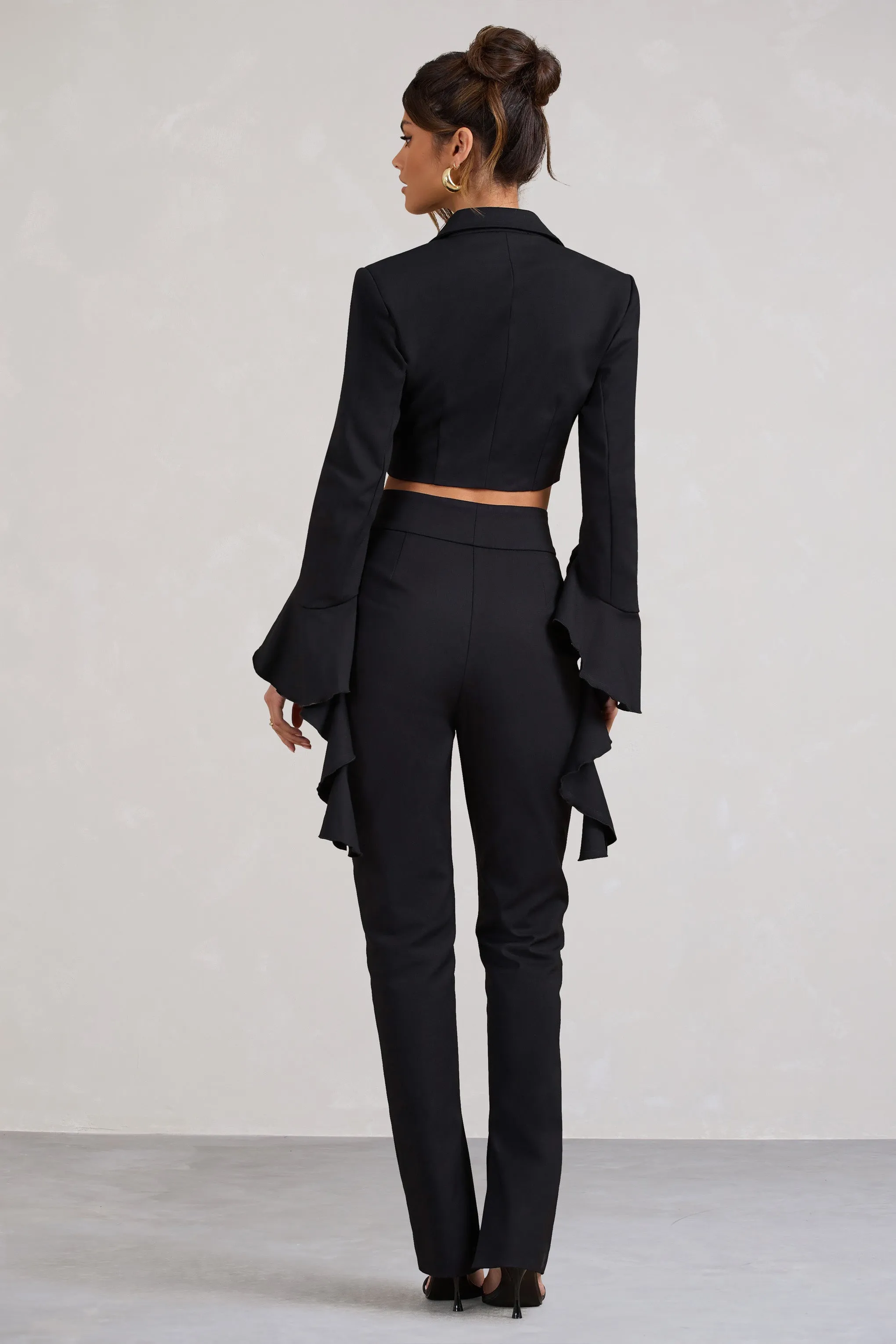 Addilyn | Black Cotton-Blend Tailored Straight-Leg Split Trousers