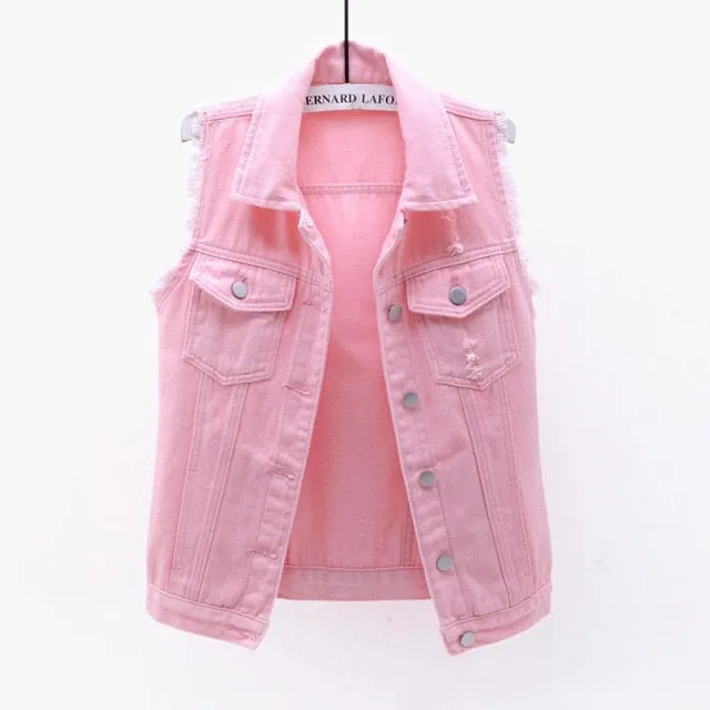 Autumn Women Plus size Denim Vest Sleeveless Waistcoat Students Casual Tops Jeans Jackets Red Pink Purple Yellow Blue White KW03