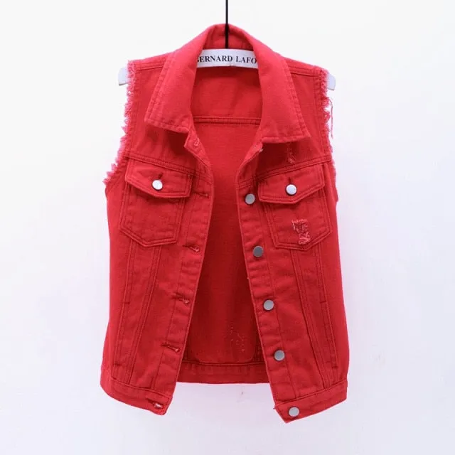 Autumn Women Plus size Denim Vest Sleeveless Waistcoat Students Casual Tops Jeans Jackets Red Pink Purple Yellow Blue White KW03