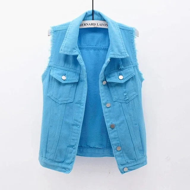 Autumn Women Plus size Denim Vest Sleeveless Waistcoat Students Casual Tops Jeans Jackets Red Pink Purple Yellow Blue White KW03