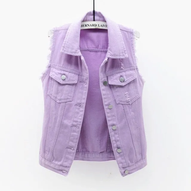 Autumn Women Plus size Denim Vest Sleeveless Waistcoat Students Casual Tops Jeans Jackets Red Pink Purple Yellow Blue White KW03