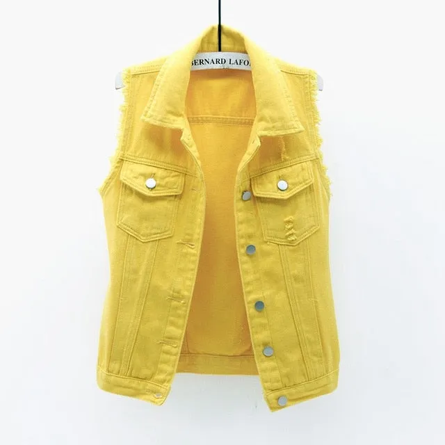 Autumn Women Plus size Denim Vest Sleeveless Waistcoat Students Casual Tops Jeans Jackets Red Pink Purple Yellow Blue White KW03