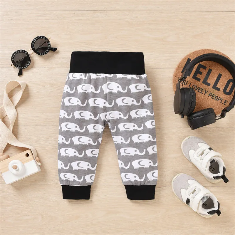 Baby Boys Solid Cartoon Elephant Print Long Sleeve Romper Trousers Hat Three Piece Set