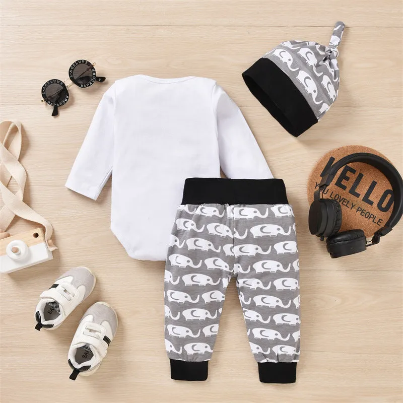 Baby Boys Solid Cartoon Elephant Print Long Sleeve Romper Trousers Hat Three Piece Set