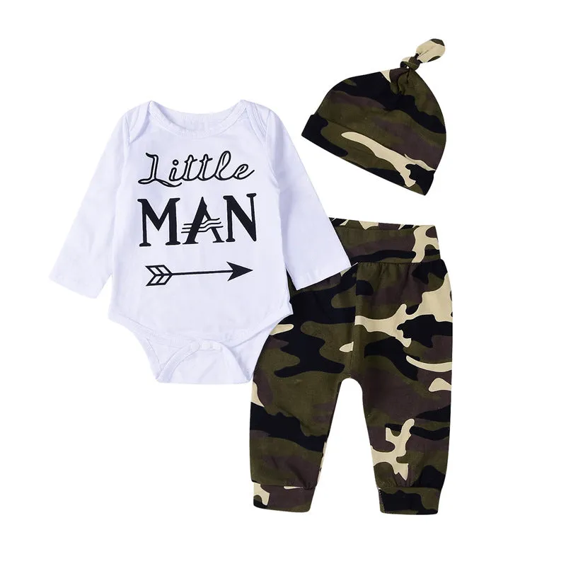 Baby Boys Solid Cartoon Elephant Print Long Sleeve Romper Trousers Hat Three Piece Set