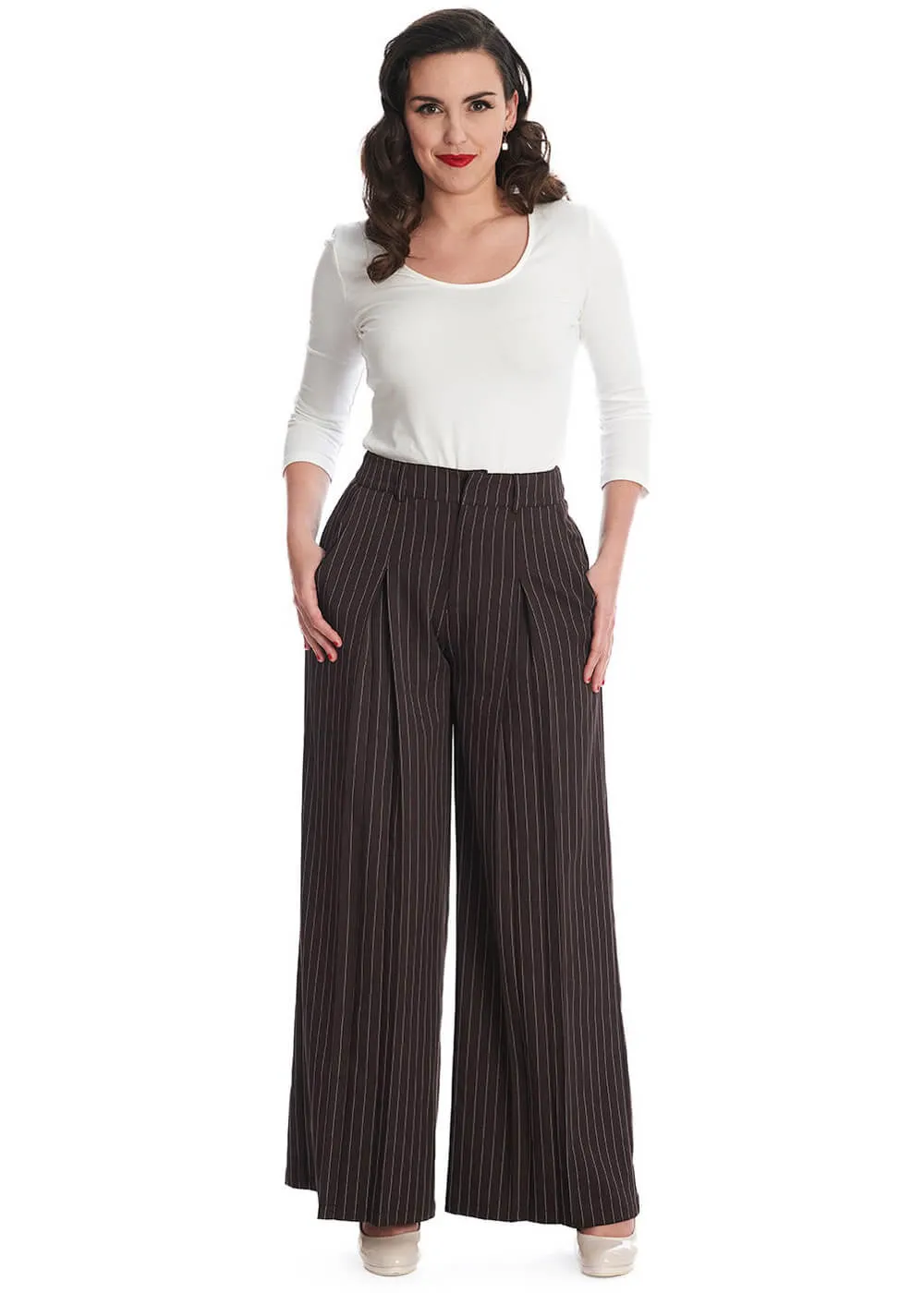 Banned Pinstripe Goals 40's Trousers Brown