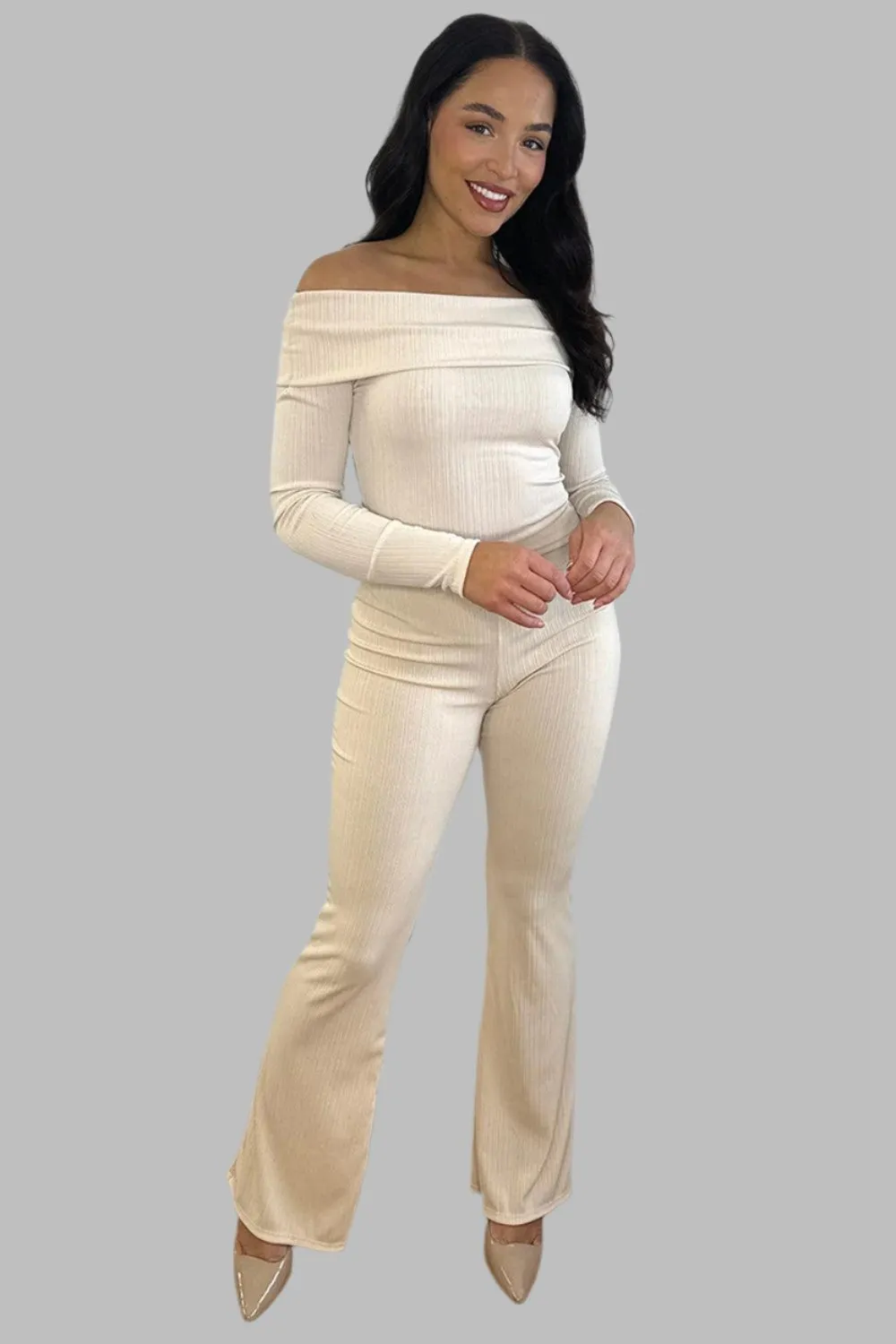 Bardot Neckline Ribbed Top And Trousers Set