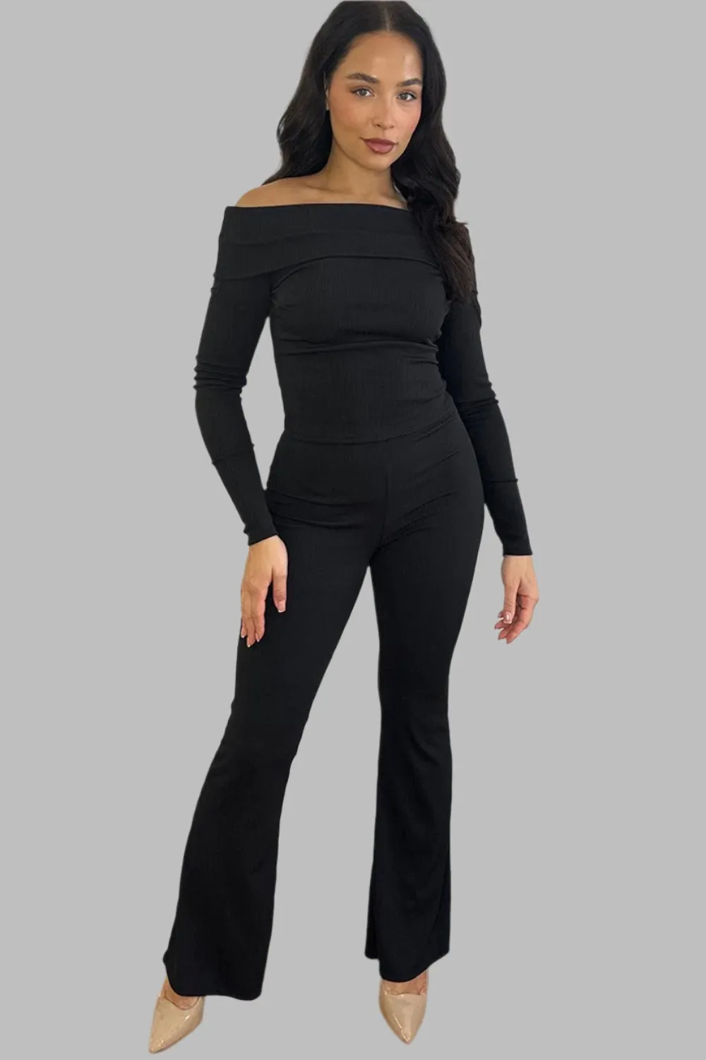 Bardot Neckline Ribbed Top And Trousers Set