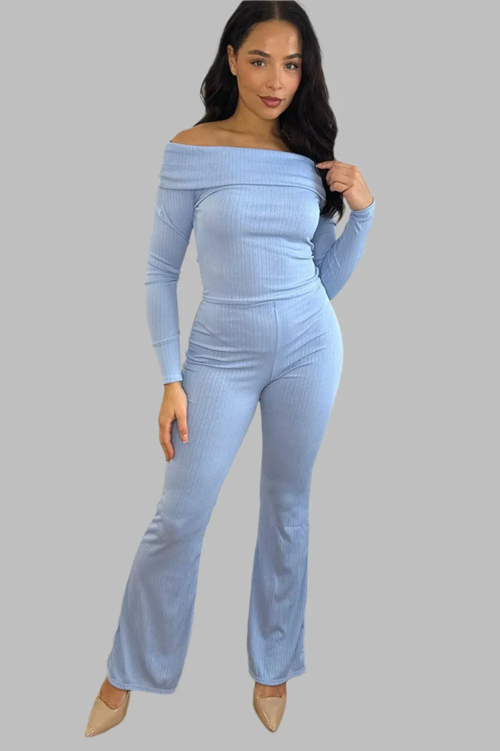 Bardot Neckline Ribbed Top And Trousers Set