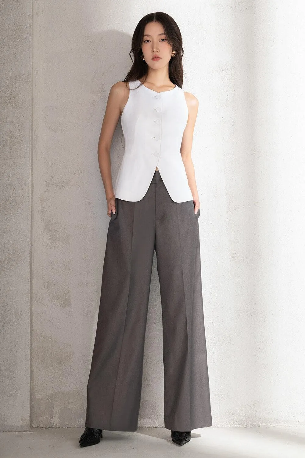 Basic Straight Wide Leg Twill Ankle Length Trousers