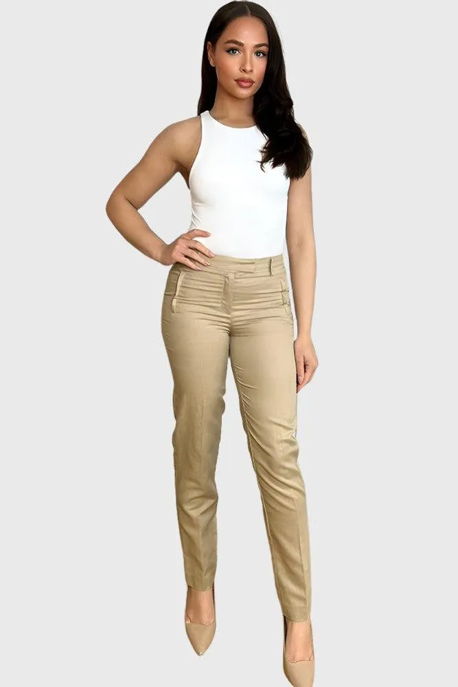 Beige Linen Cotton Blend Smart Trousers