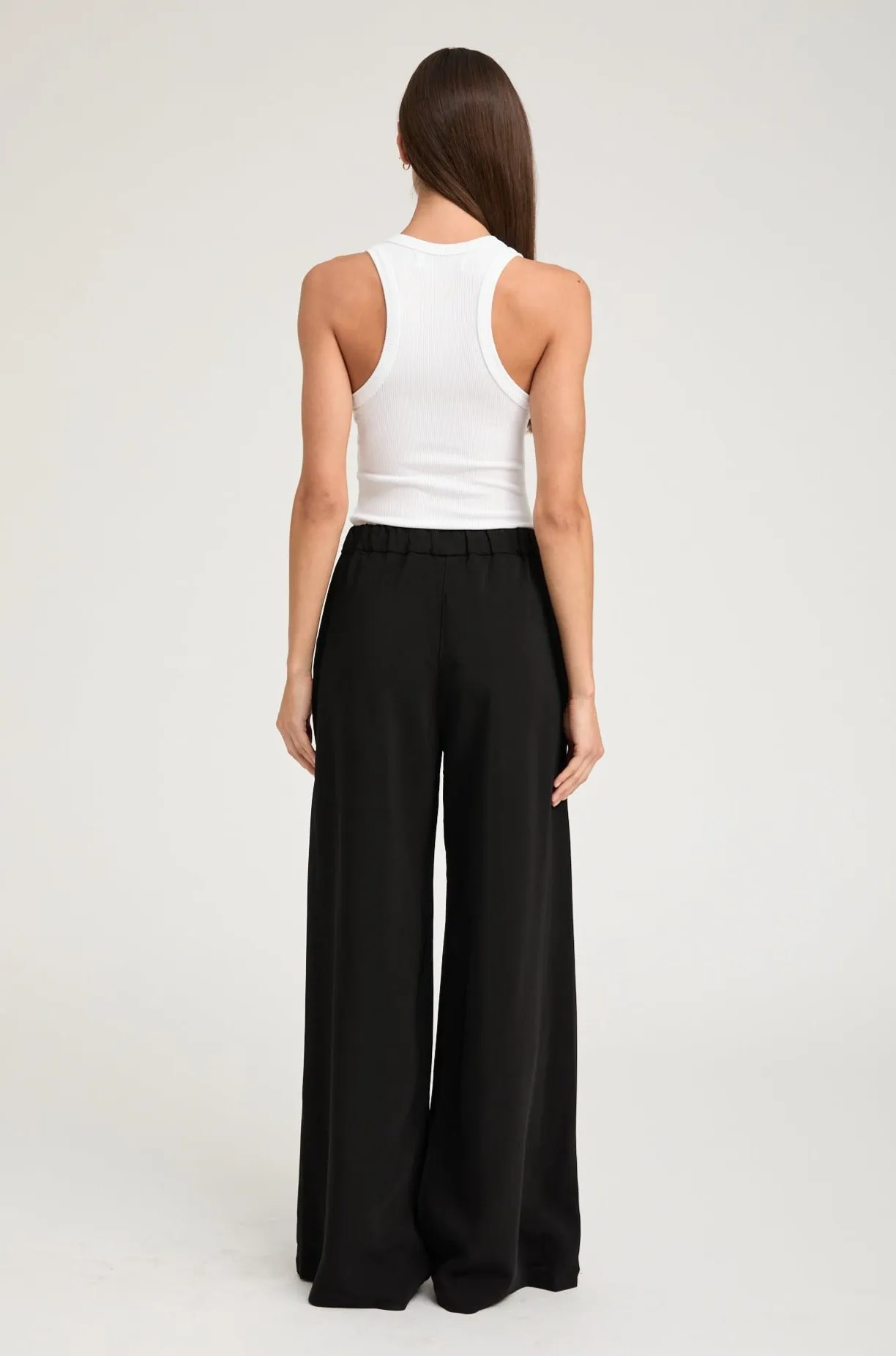 Black Crepe Wide Leg Pintuck Trousers