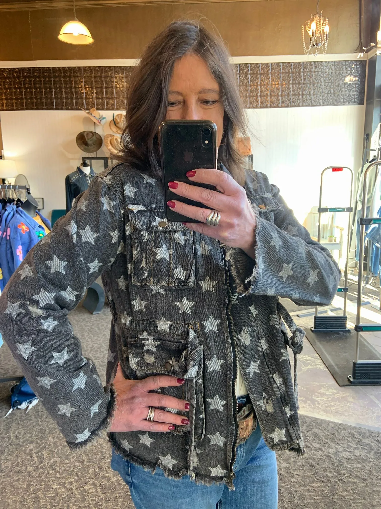 Black Denim Distressed Star Coat