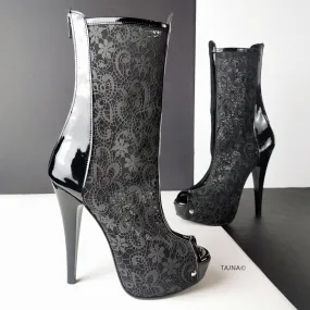 Black Lace Peep Toe Ankle Boots