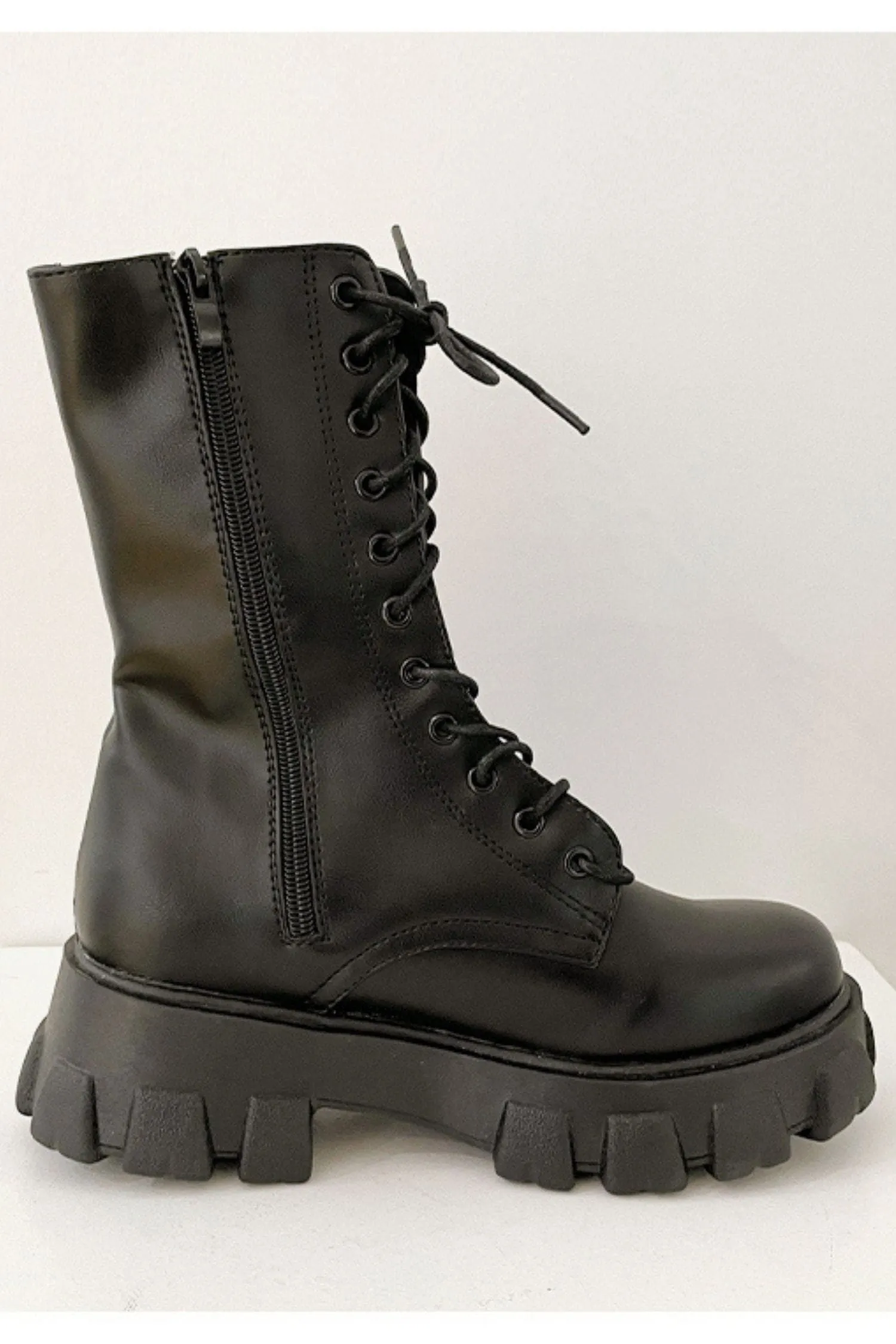 Black Lace Up Mid Calf Boots