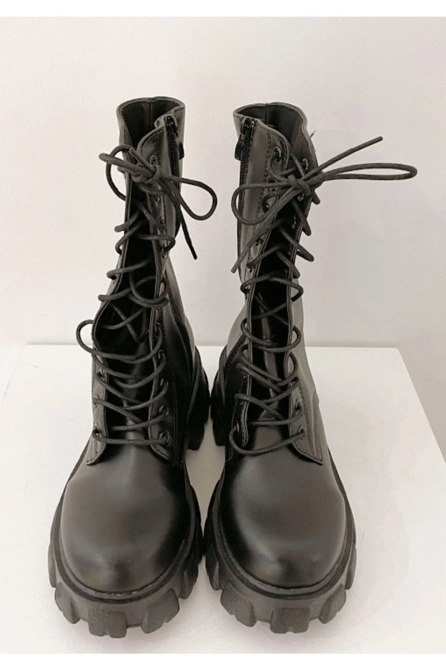 Black Lace Up Mid Calf Boots