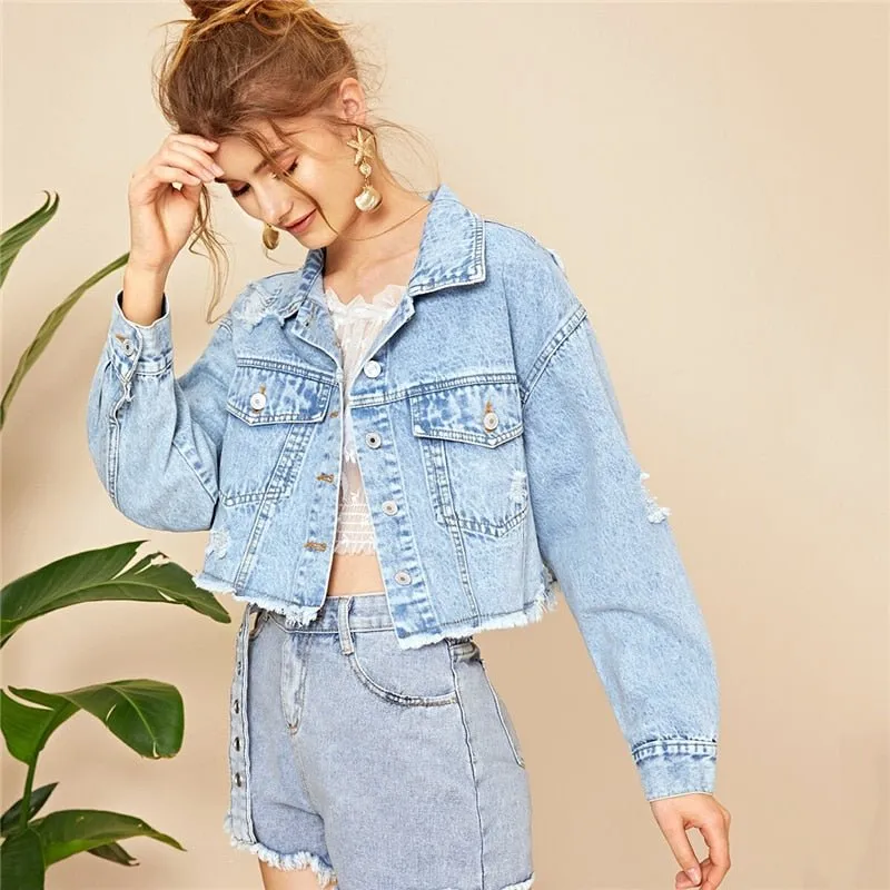 Blue Ripped Frayed Edge Flakes Crop Denim Jeans Jacket Single Breasted Casual Outwear Coat Jackets