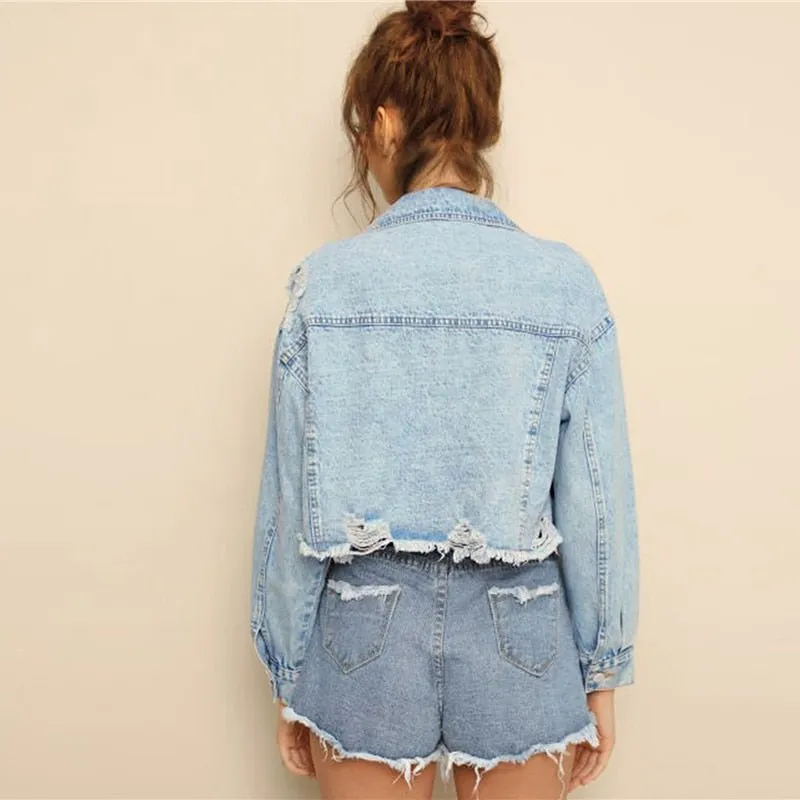 Blue Ripped Frayed Edge Flakes Crop Denim Jeans Jacket Single Breasted Casual Outwear Coat Jackets