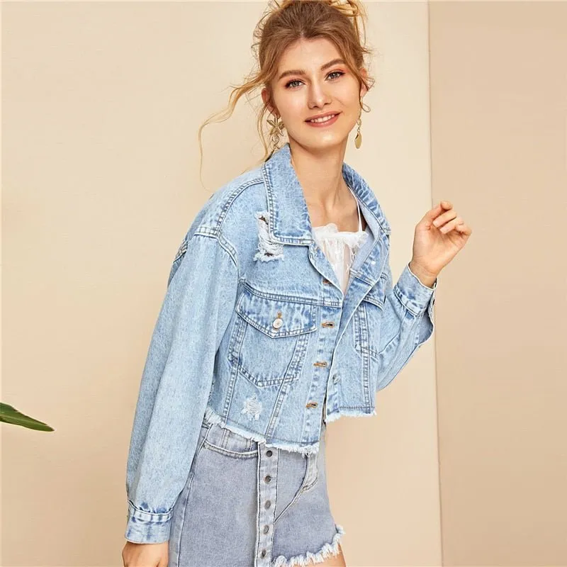 Blue Ripped Frayed Edge Flakes Crop Denim Jeans Jacket Single Breasted Casual Outwear Coat Jackets