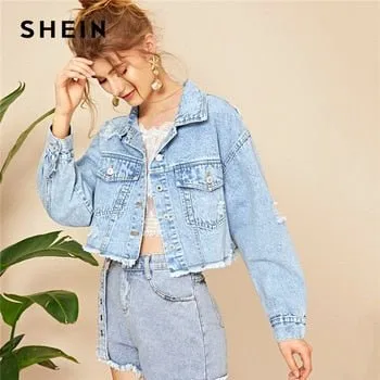 Blue Ripped Frayed Edge Flakes Crop Denim Jeans Jacket Single Breasted Casual Outwear Coat Jackets