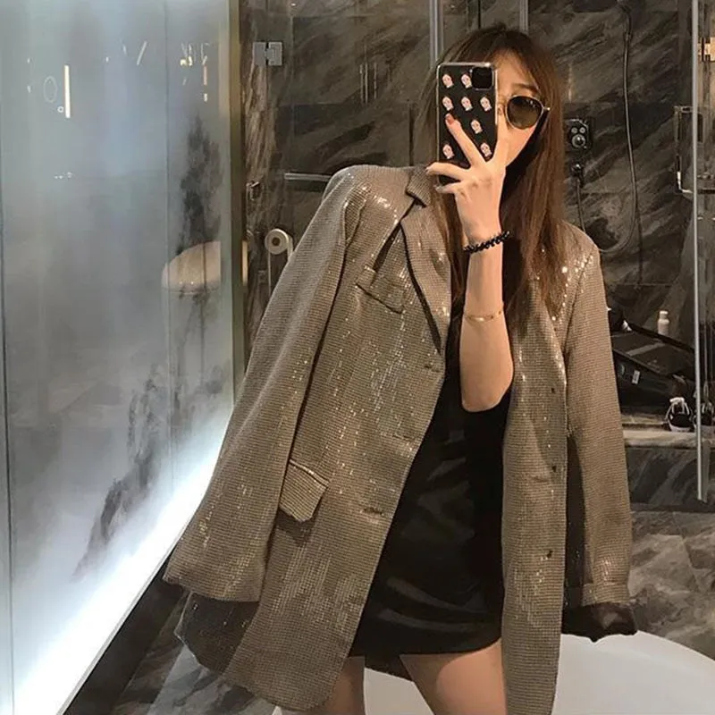 deanwangkt Lucyever Korean Fashion Shiny Sequin Blazer Women Luxury Bling Bling Long Sleeve Jacket Woman Streetwear Temperament Loose Coat