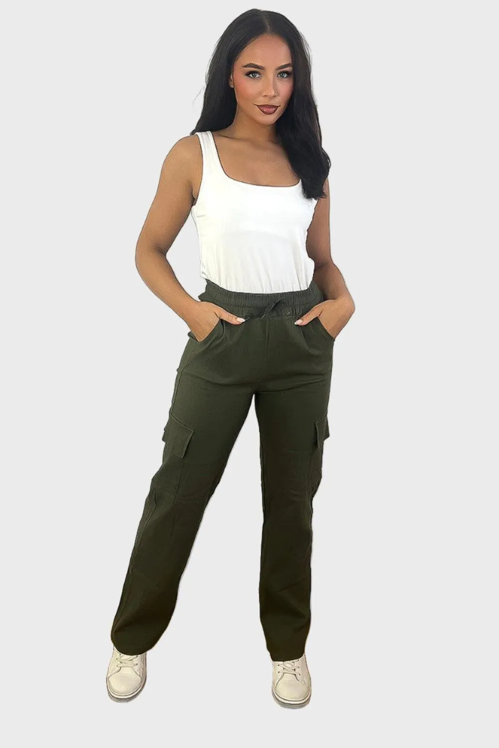 Elastic Waist Utility Pockets Extra Stretchy Cargo Trousers