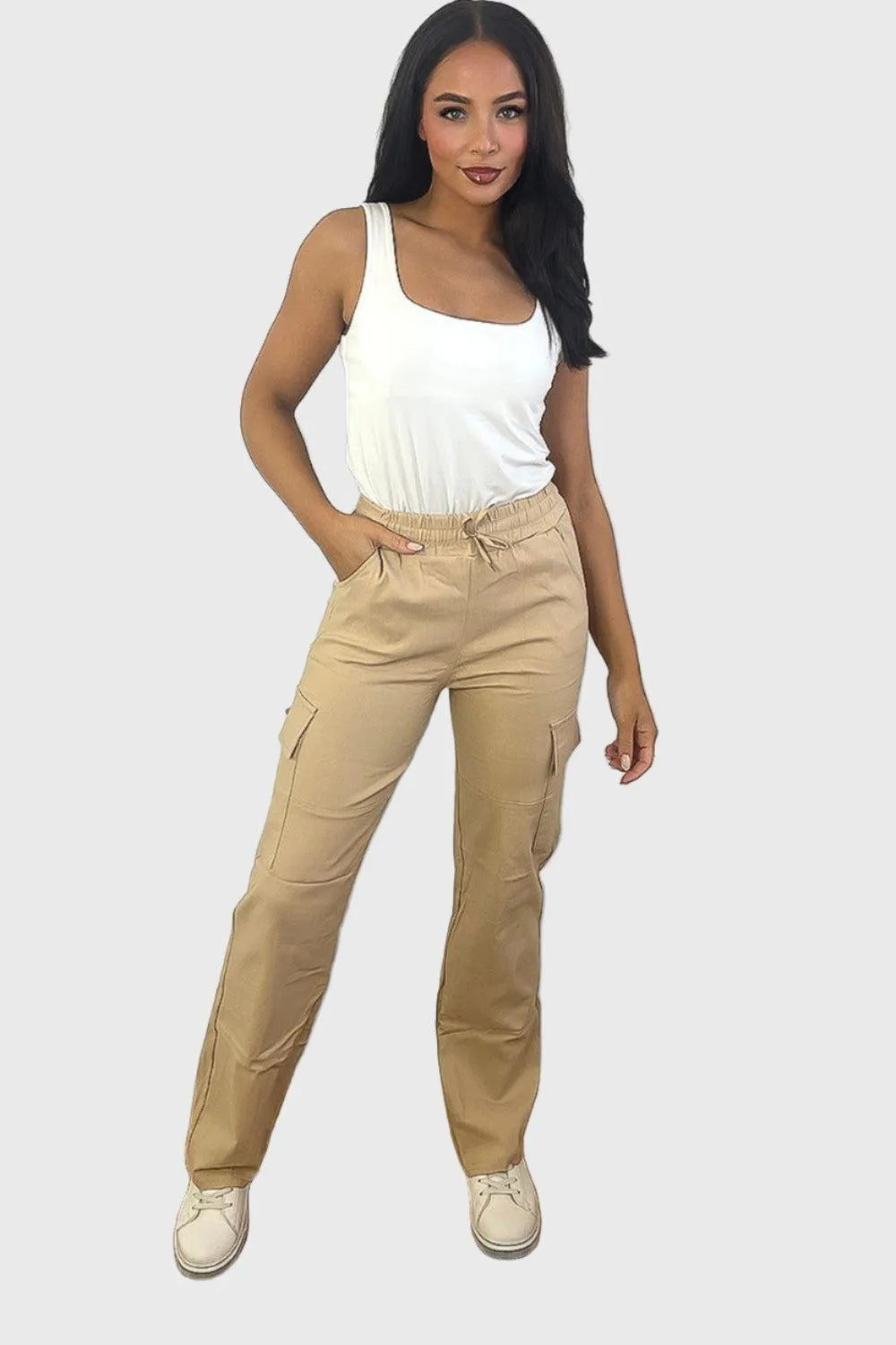 Elastic Waist Utility Pockets Extra Stretchy Cargo Trousers