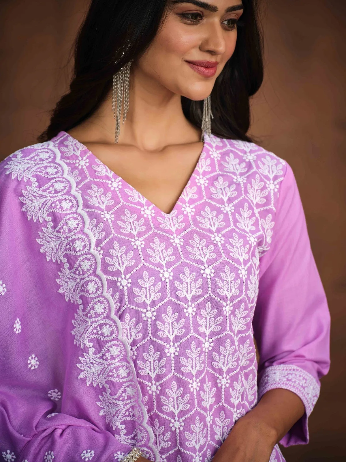 Embroidered Straight Chikankari Pure Cotton Kurta with Trousers & Dupatta