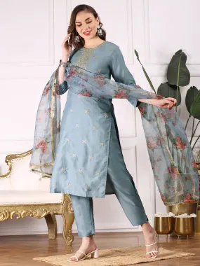 Ethnic Motifs Embroidered Thread Work Straight Chinon Kurta with Trousers & Dupatta