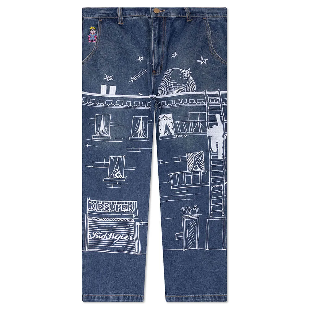 Fire Escape Embroidered Jeans - Blue