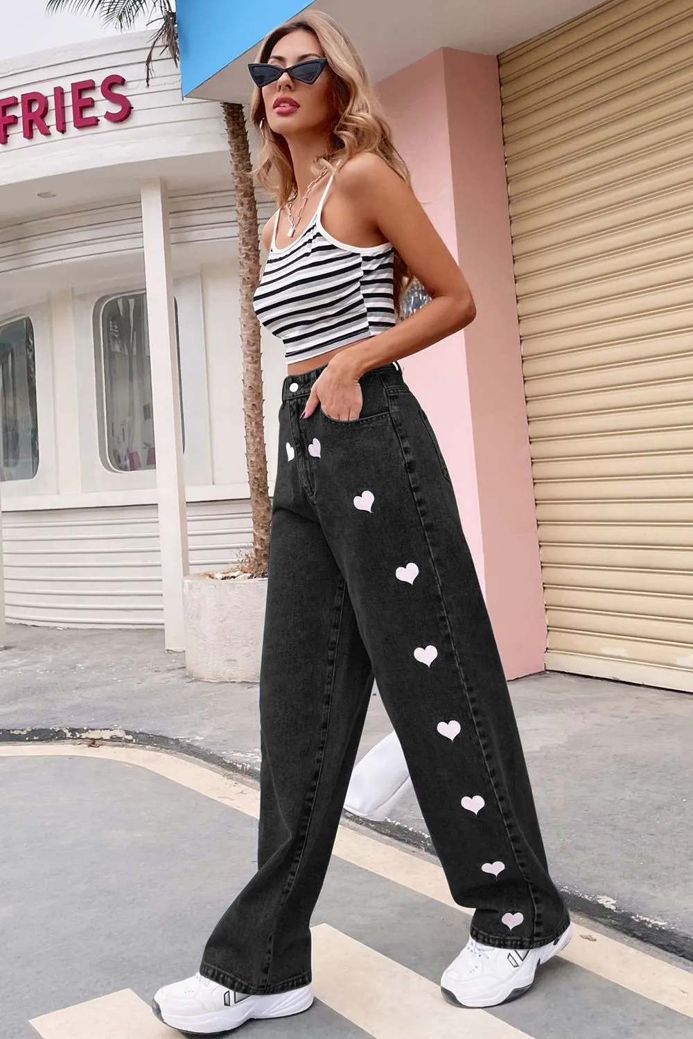 Heart Print Button Fly Jeans