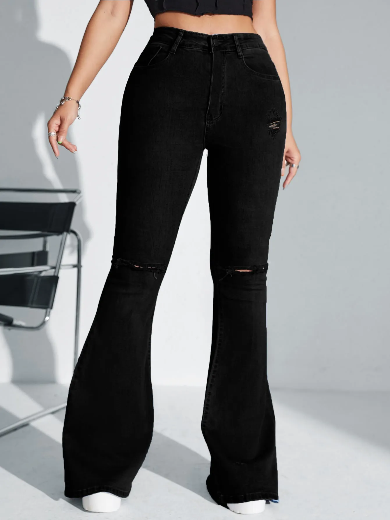 High Waist Ripped Flare Leg Jeans