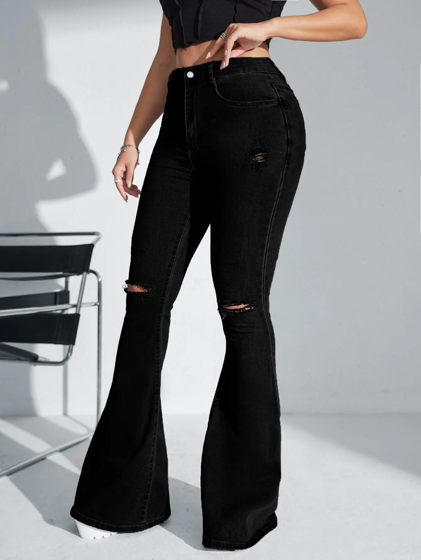 High Waist Ripped Flare Leg Jeans