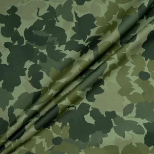 Khaki Leaf Camouflaged Printed Cotton Denim