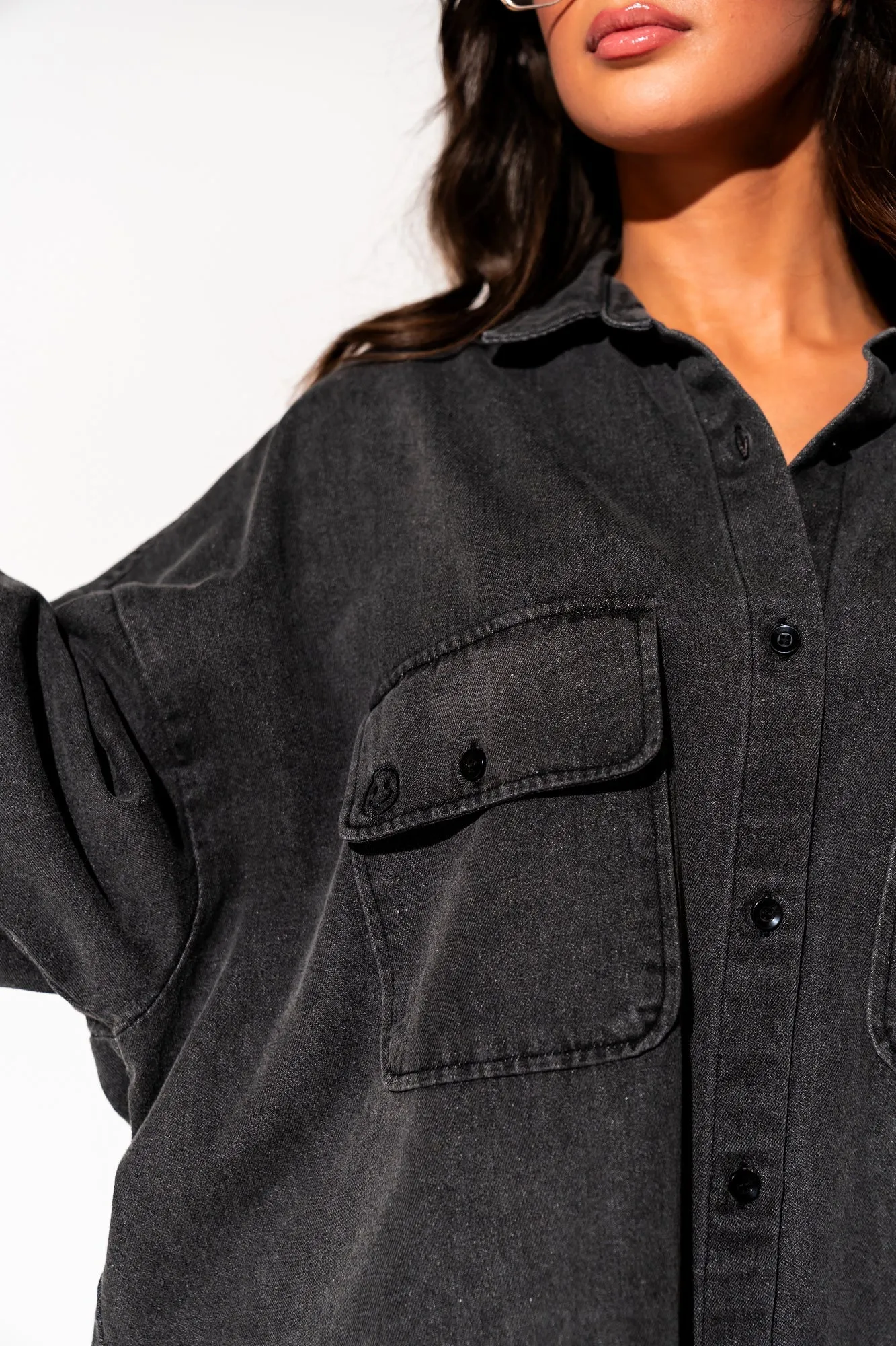 Let Them Talk Oversized Denim Button Up in Vintage Black