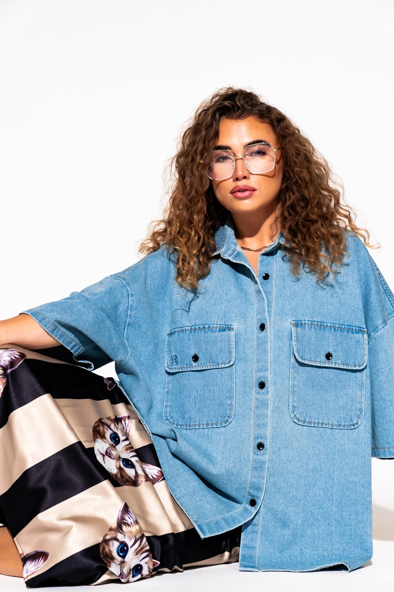 Let Them Talk Oversized Denim Button Up in Vintage Blue