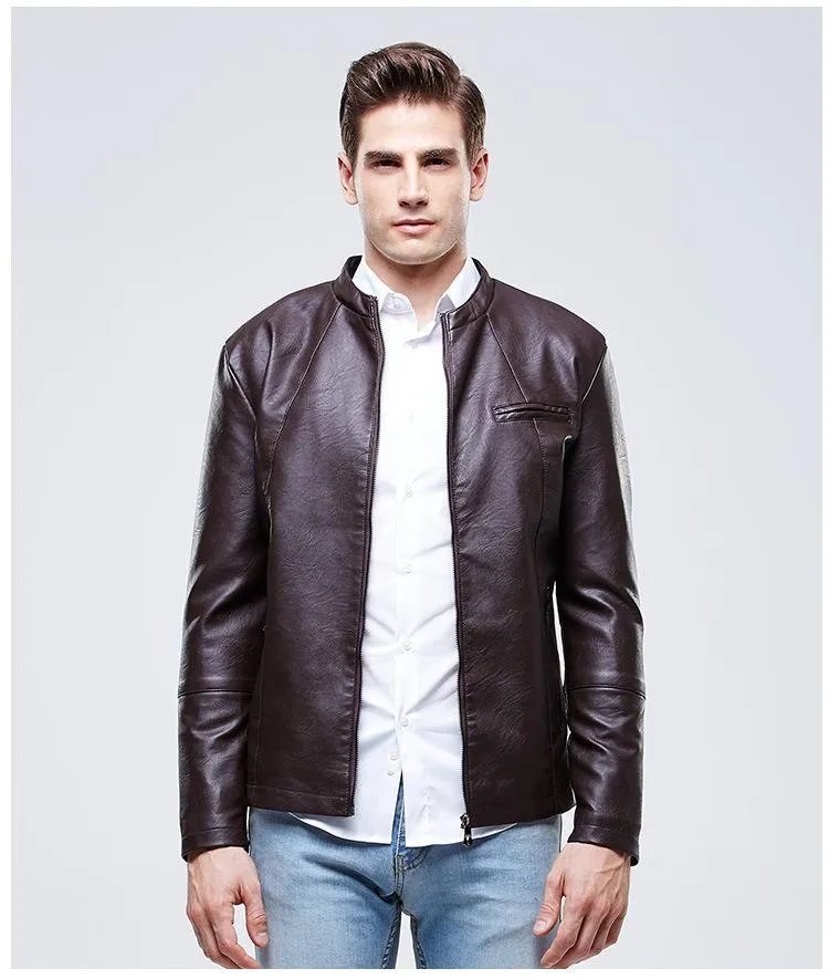 Men's Casual Stand Collar Leather Jacket 91072001YM