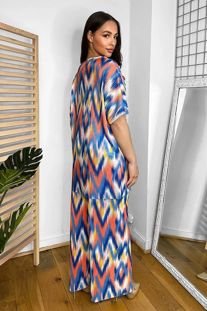 Multicolour Zig Zag Pattern Plisse Top And Trousers Set