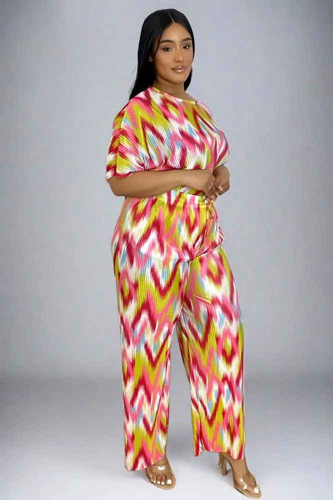 Multicolour Zig Zag Pattern Plisse Top And Trousers Set