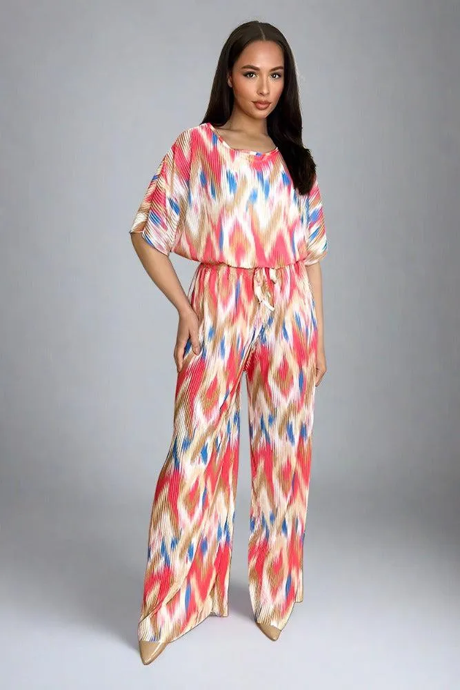 Multicolour Zig Zag Pattern Plisse Top And Trousers Set