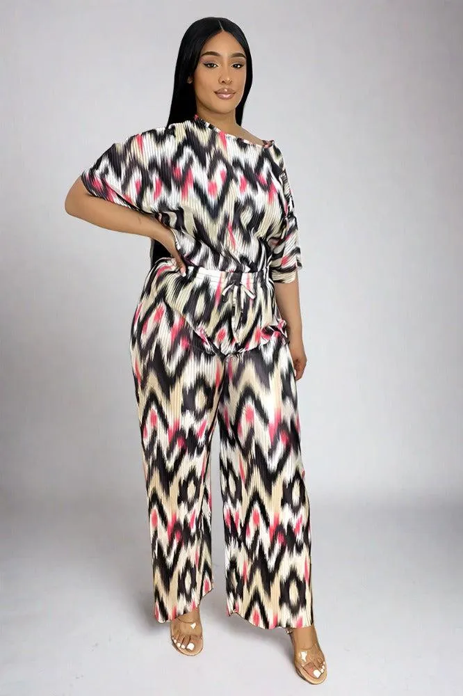 Multicolour Zig Zag Pattern Plisse Top And Trousers Set