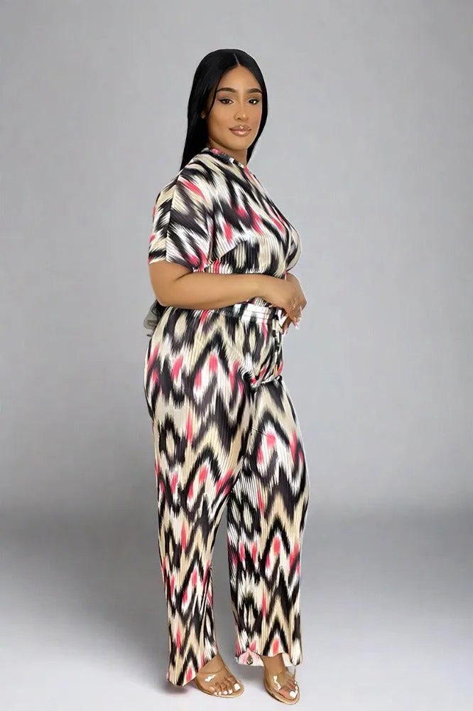 Multicolour Zig Zag Pattern Plisse Top And Trousers Set