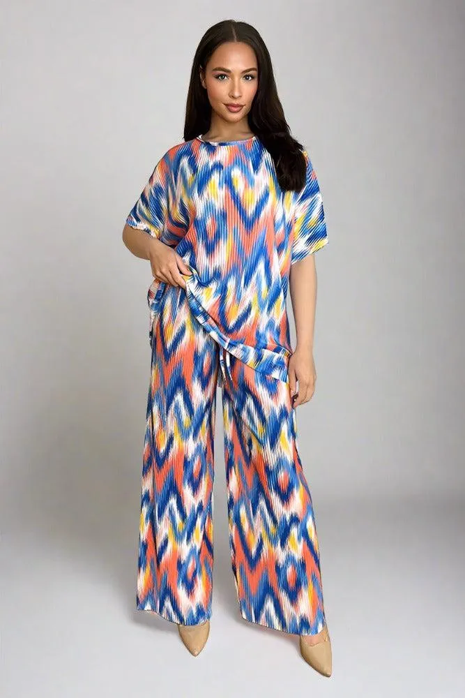 Multicolour Zig Zag Pattern Plisse Top And Trousers Set