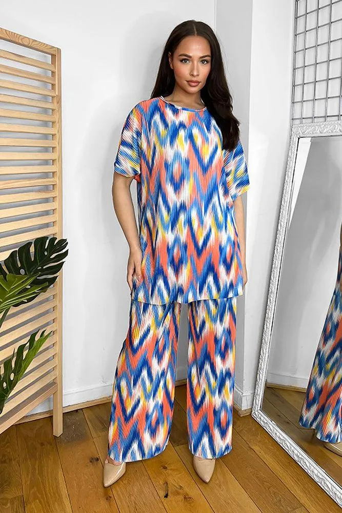 Multicolour Zig Zag Pattern Plisse Top And Trousers Set