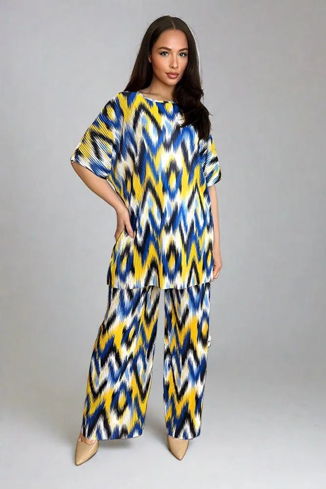 Multicolour Zig Zag Pattern Plisse Top And Trousers Set