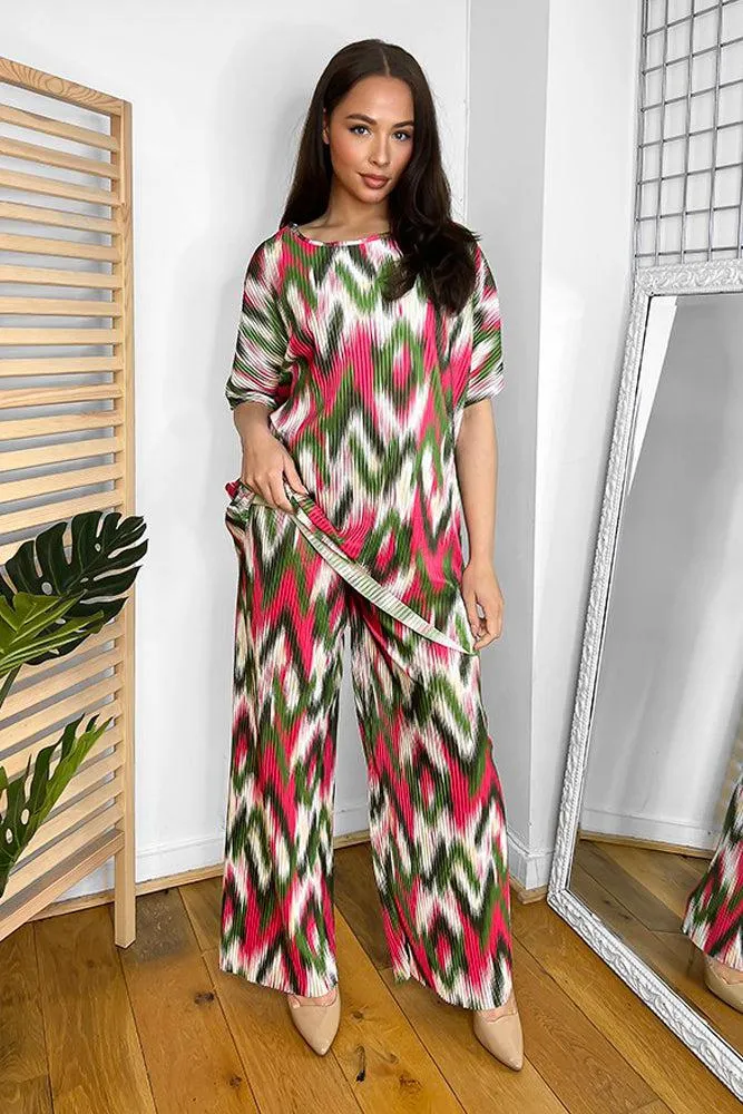 Multicolour Zig Zag Pattern Plisse Top And Trousers Set