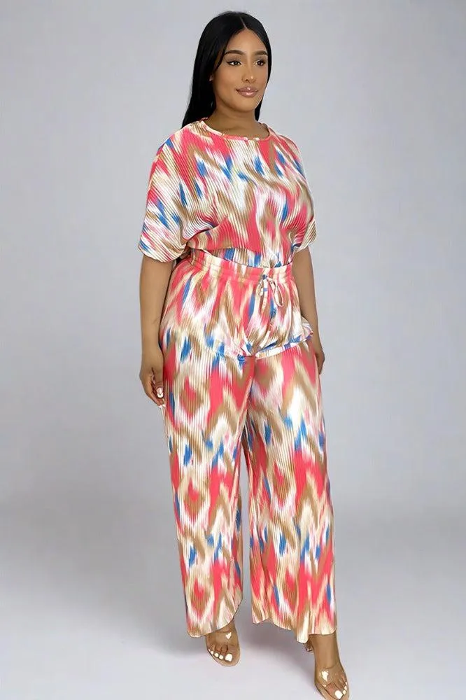 Multicolour Zig Zag Pattern Plisse Top And Trousers Set