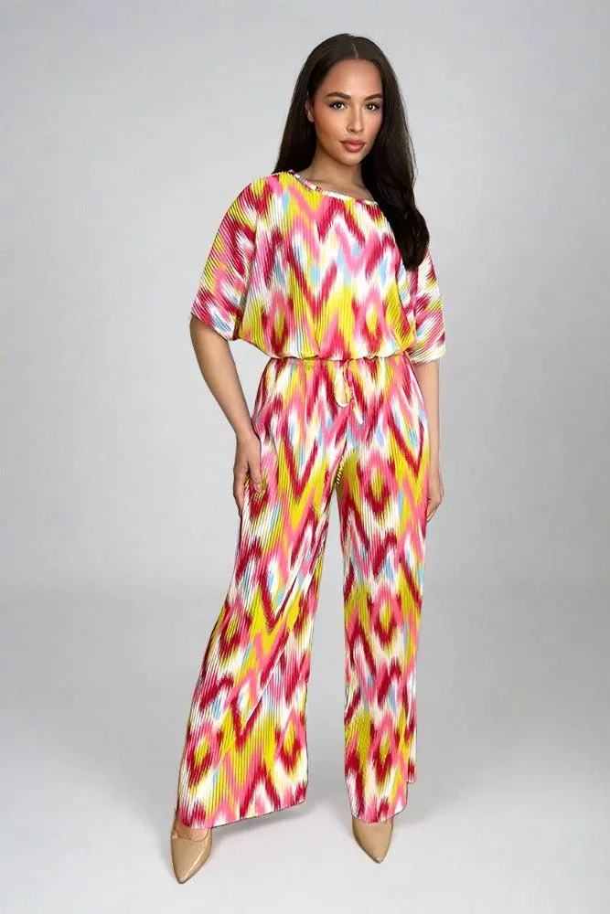 Multicolour Zig Zag Pattern Plisse Top And Trousers Set