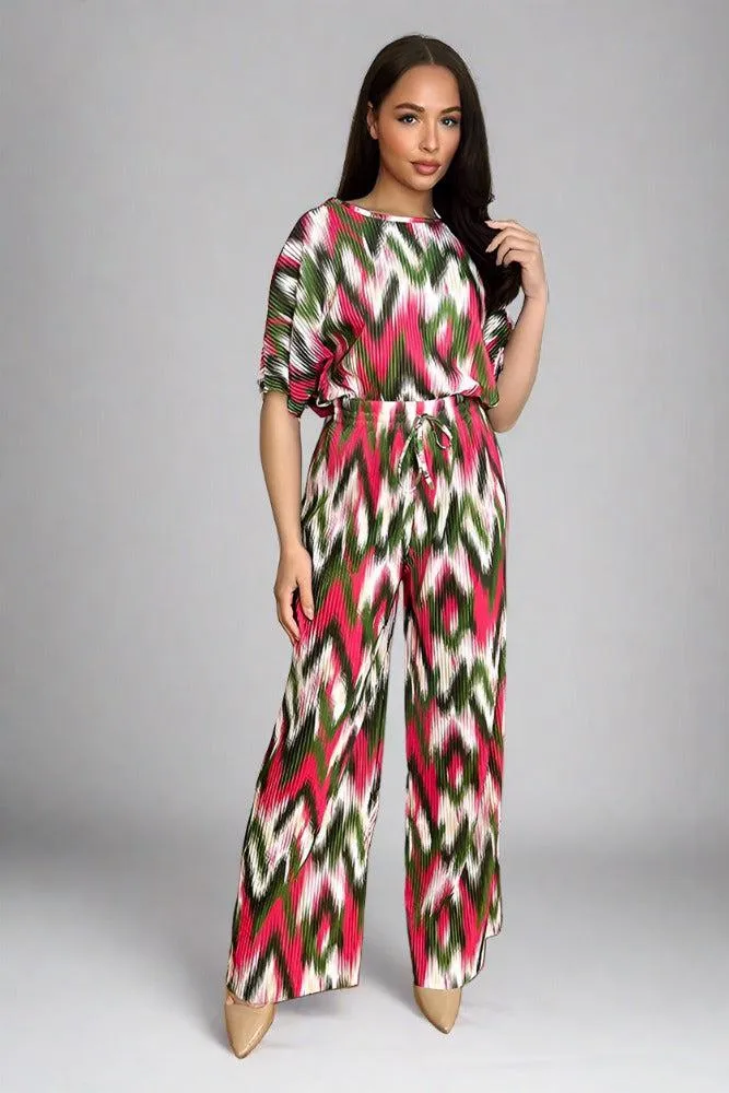 Multicolour Zig Zag Pattern Plisse Top And Trousers Set