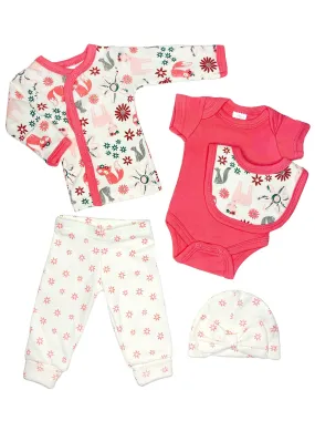 Pink Woodland Animals 5 piece set - Vest, Top, Trousers, Bib & Hat